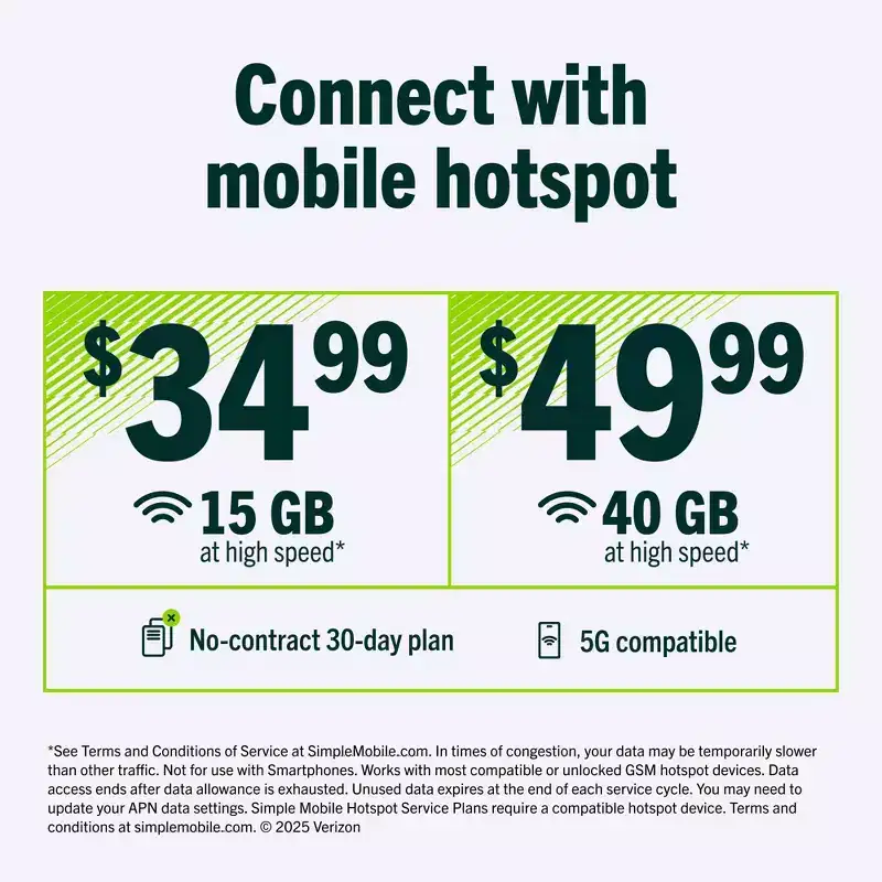 SIMPLE MOBILE Mobile Hotspot 40GB Data 30 Day Plan (EMAIL DELIVERY) - $49.99