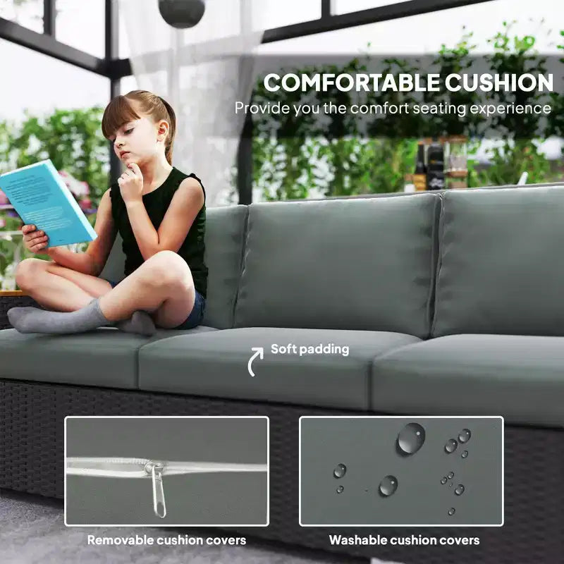3-Seat Outdoor Patio Sofa with Cushions, PE Rattan Wicker Sofa with Wide Armrests, Outdoor Wicker Couch