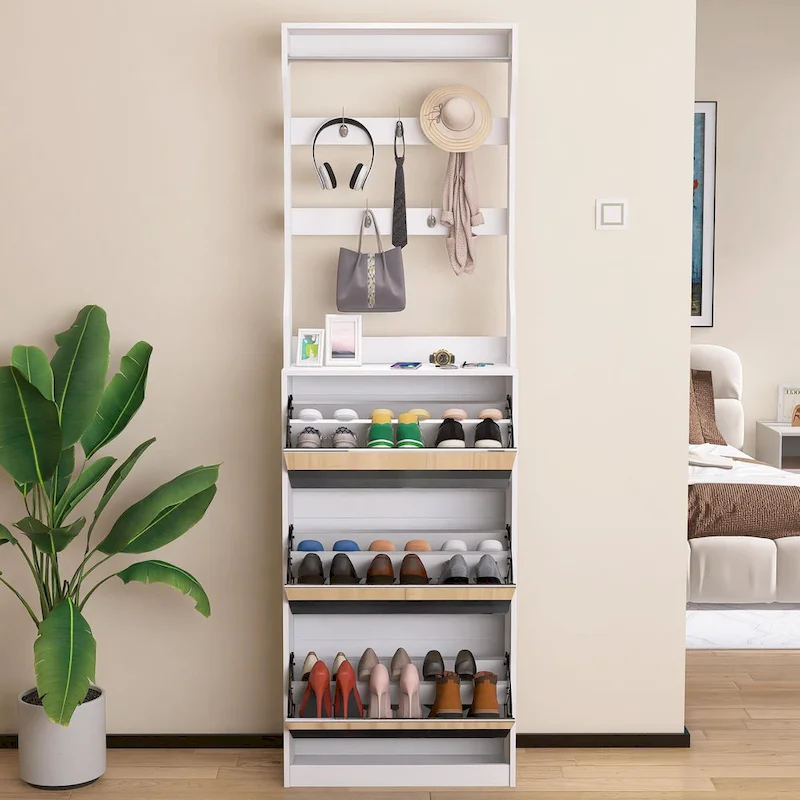 White Flip-Down Shoe Cabinet with Mirror Hooks Hanger Rod Tabletop Entryway Storage
