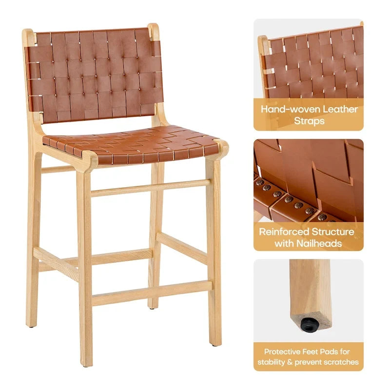 Woven Leather Counter Height Bar Stool, Ash Wood Frame, No Assembly