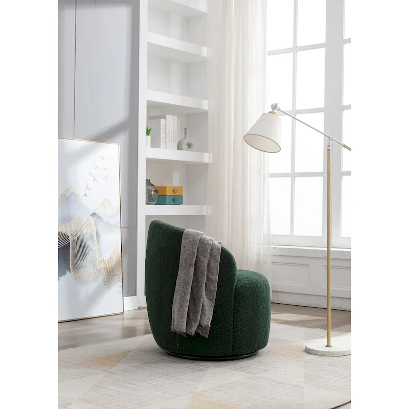 Green Chenille Swivel Barrel Chair with Metal Ring Base