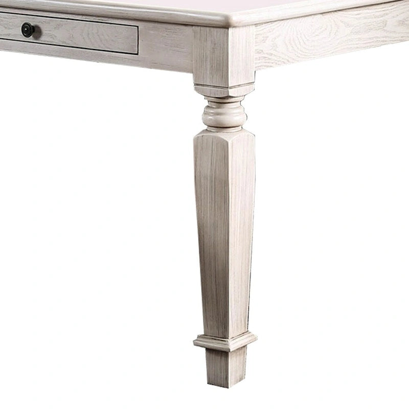 Distressed White Solid Wood Dining Table with 2 Drawers and Tapered Legs for 4–6 Person