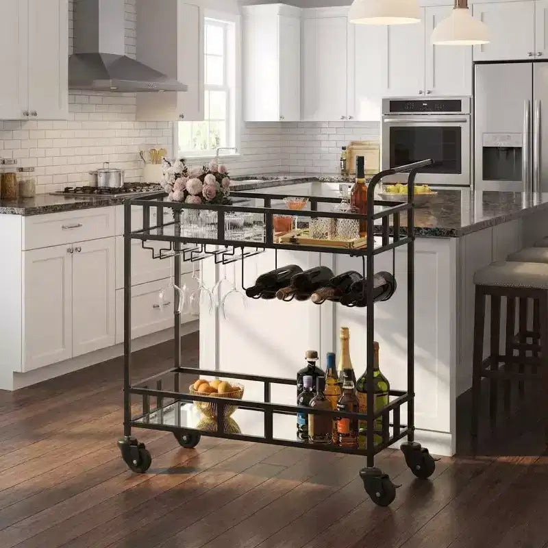 COZONY 2 Tier Bar Cart with Wine Rack and Glass Holder, Mirrored Mobile Serving Cart with Wheels for Kitchen Living Room