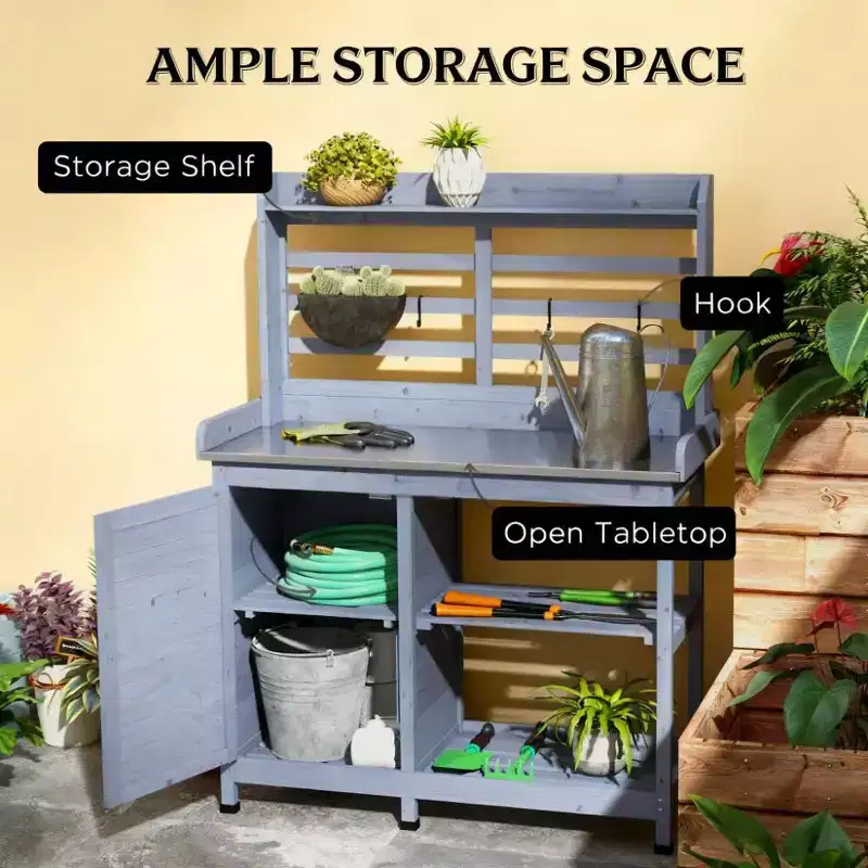 Whisen Patio Wooden Potting Bench, Outdoor Garden Work Station Table with Storage Cabinet, Open Shelf and Removable Sink