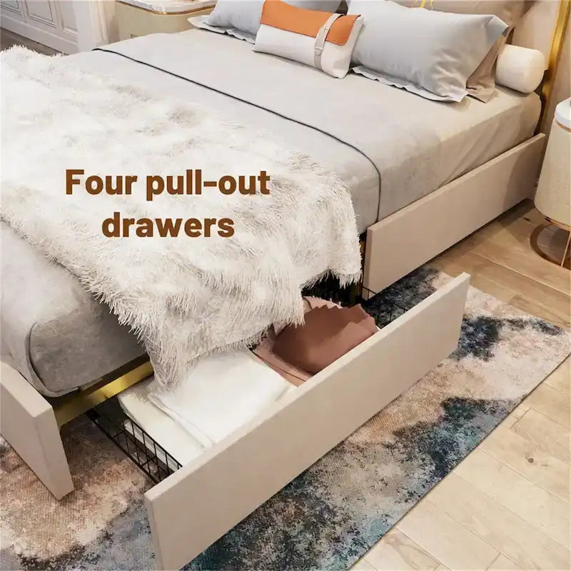Queen Velvet Platform Bed – Gold + Creamy White / Black / Blue, Channel Headboard, 4 Storage Drawers, Sleeps 1