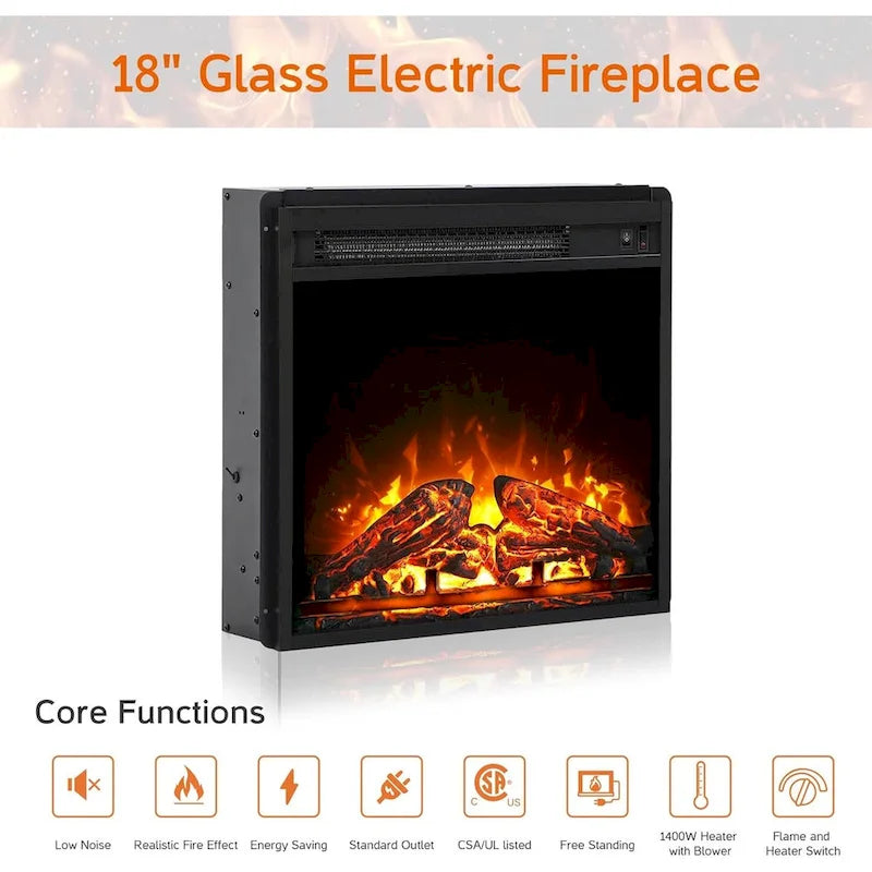 3-Sided Glass Electric Fireplace Insert – Gray & Blue Light / Black, Freestanding or Insert, 18 or 36 Inch