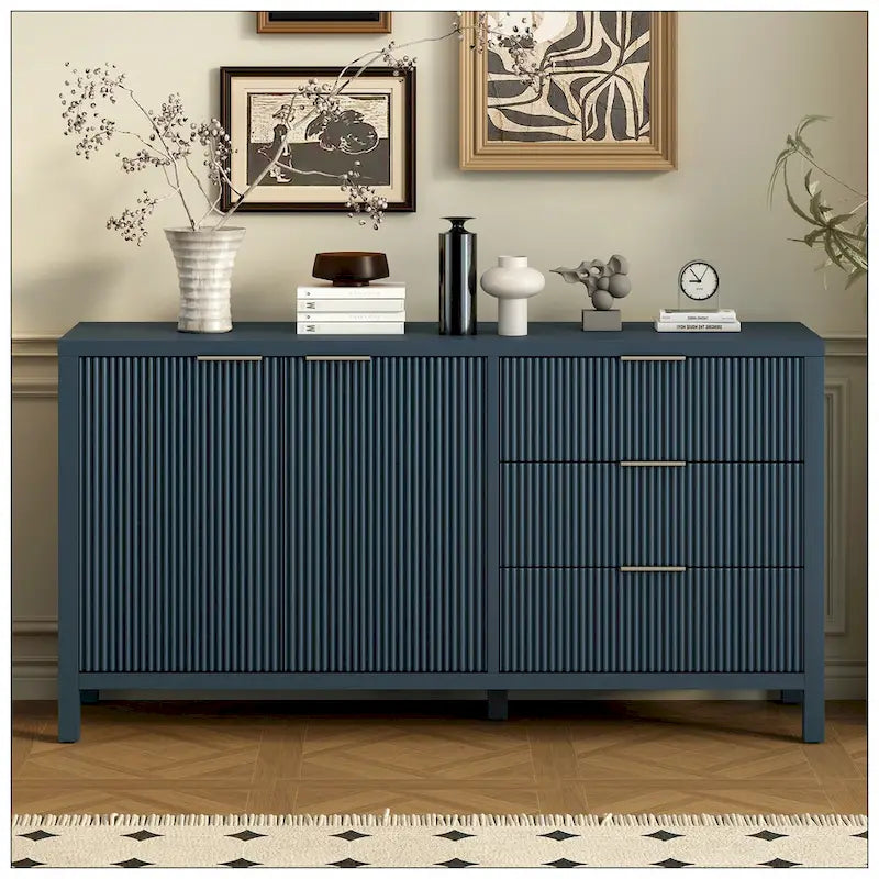 Wave-Pattern Sideboard – Navy Blue, MDF, Acacia Wood Legs, Aluminum Handles, 2 Doors & 3 Drawers
