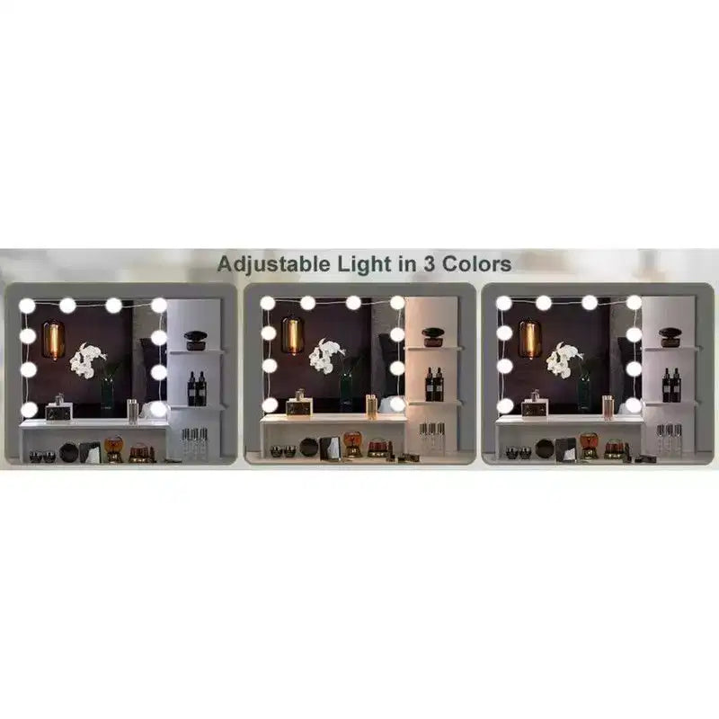 Karl Home | White LED Makeup Vanity Set With Adjustable Lighting, Cushioned Stool, And Spacious Storage