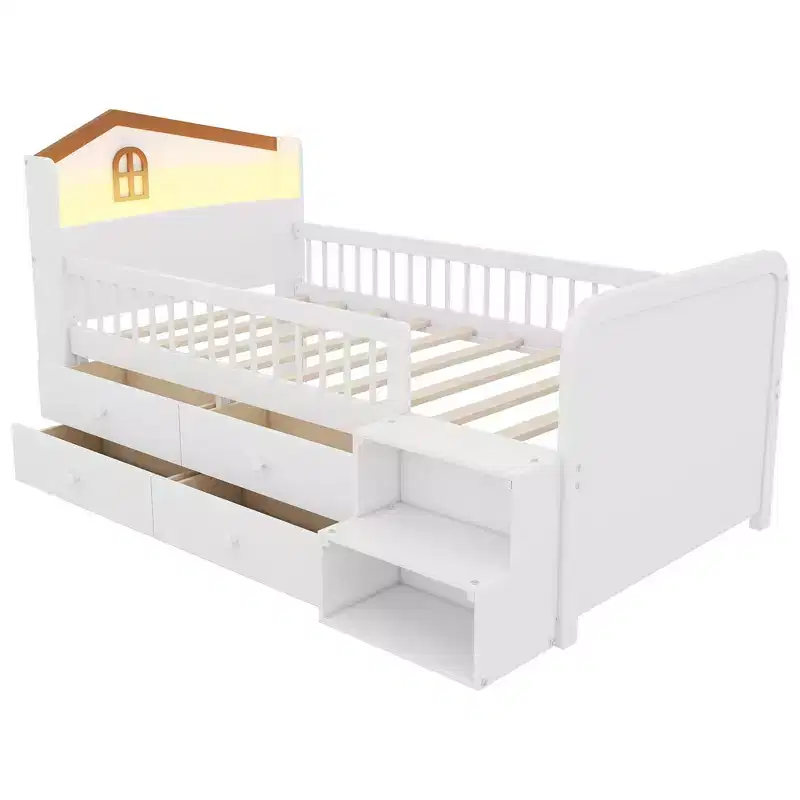 Whisen Low Twin Loft Bed with LED Lights, House Shape Headboard & Storage Drawers, Solid Construction