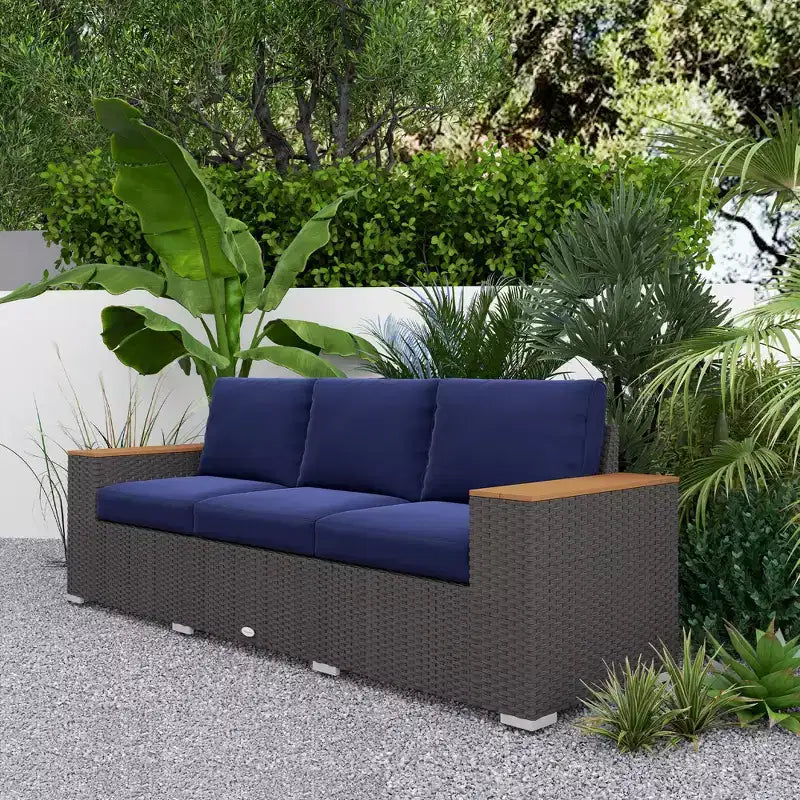 3-Seat Outdoor Patio Sofa with Cushions, PE Rattan Wicker Sofa with Wide Armrests, Outdoor Wicker Couch