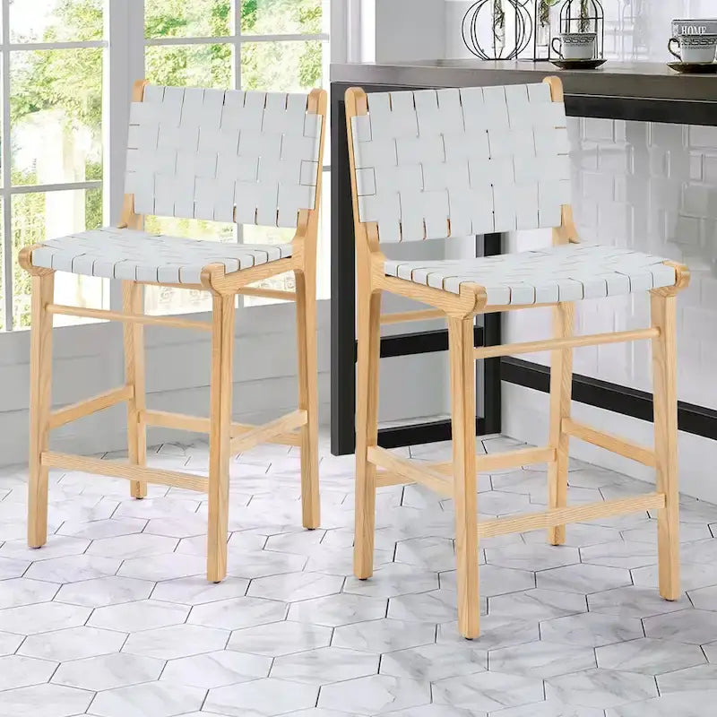 Woven Leather Counter Height Bar Stool, Ash Wood Frame, No Assembly