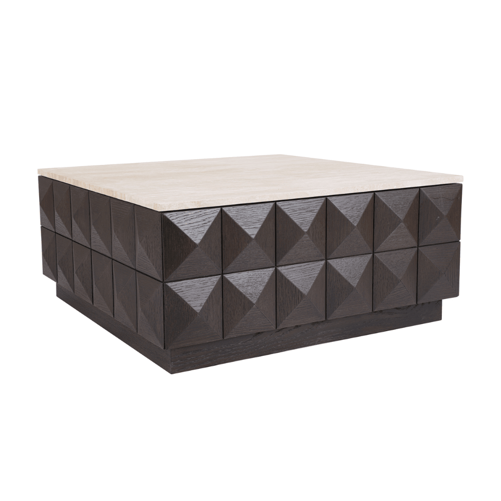 Deep Brown Square Coffee Table with Travertine Top