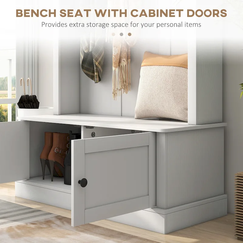 Freestanding Hall Tree, Entryway Bench with Coat Rack, Shoe Cabinet and Top Shelf