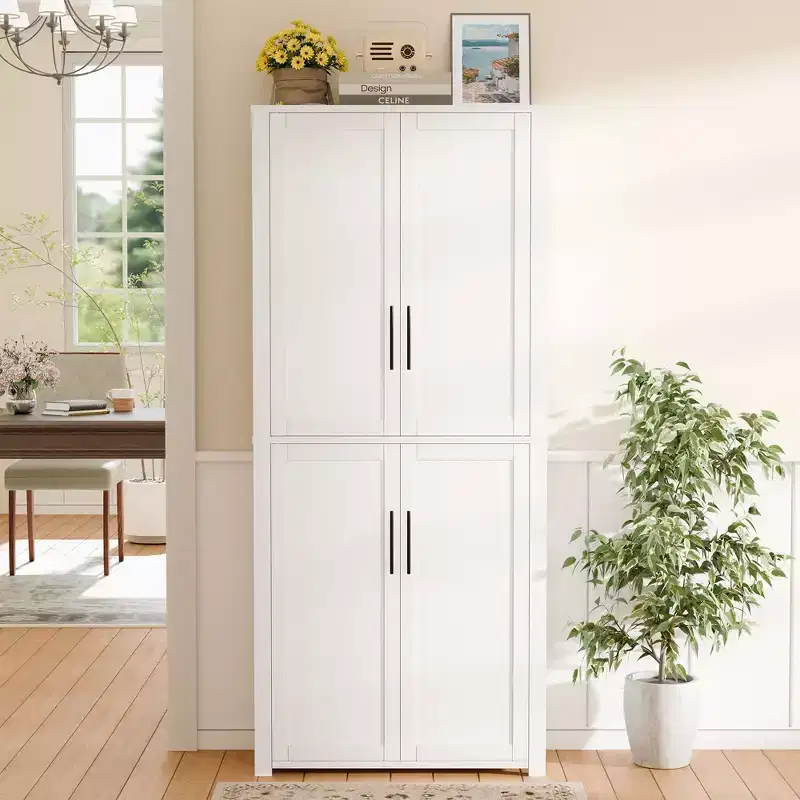 Kitchen Pantry Cabinet, Freestanding Food Storage Cabinet with 4 Doors & Adjustable Shelves, Floor Utility Storage Organizer