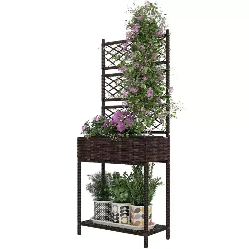 Outdoor Wicker Planter with Trellis for Climbing Plants, Freestanding Rattan Garden Box with Storage Shelf