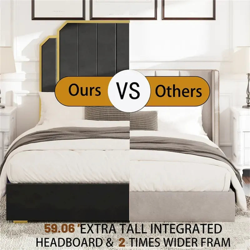 Queen Velvet Platform Bed – Gold + Creamy White / Black / Blue, Channel Headboard, 4 Storage Drawers, Sleeps 1