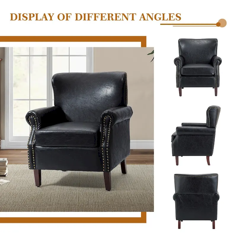 Transitional Leather Armchair with Nailhead Trim Rolled Arms