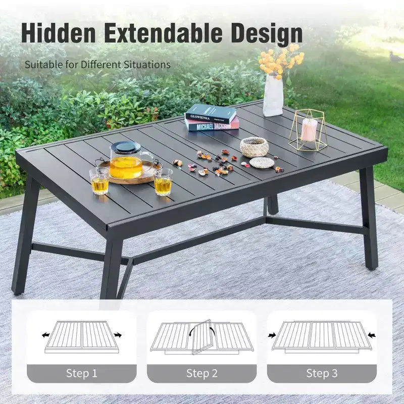 Captiva Designs 9pc Patio Dining Black Steel Rectangle Table & Brown Textilene Fixed Chairs