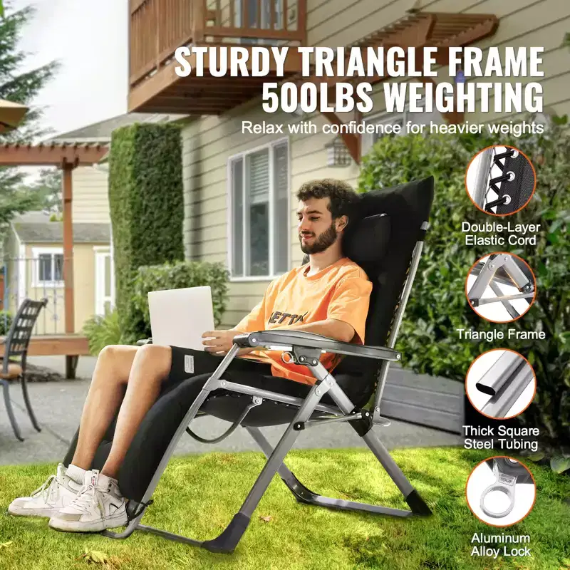 VEVOR Zero Gravity Chair, 33 inch Zero Gravity Recliner Lounge Chair for Indoor and Outdoor, Adjustable Anti Gravity Chair, 500 lbs, Black