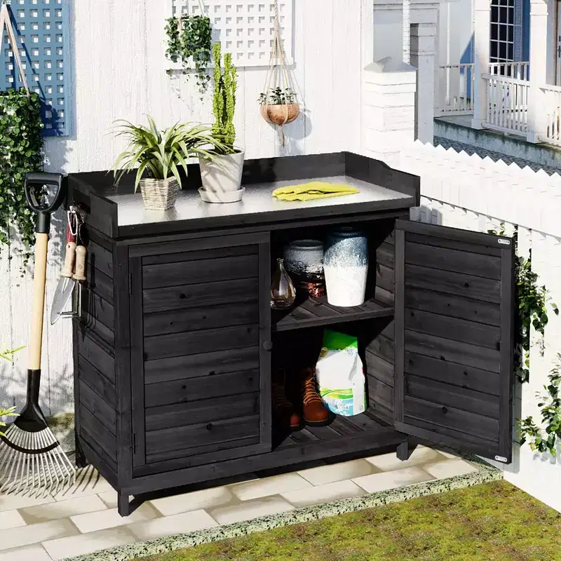 Outdoor Potting Bench with 2-Tier Shelves & Side Hooks, Galvanized Tabletop, Garden Workstation