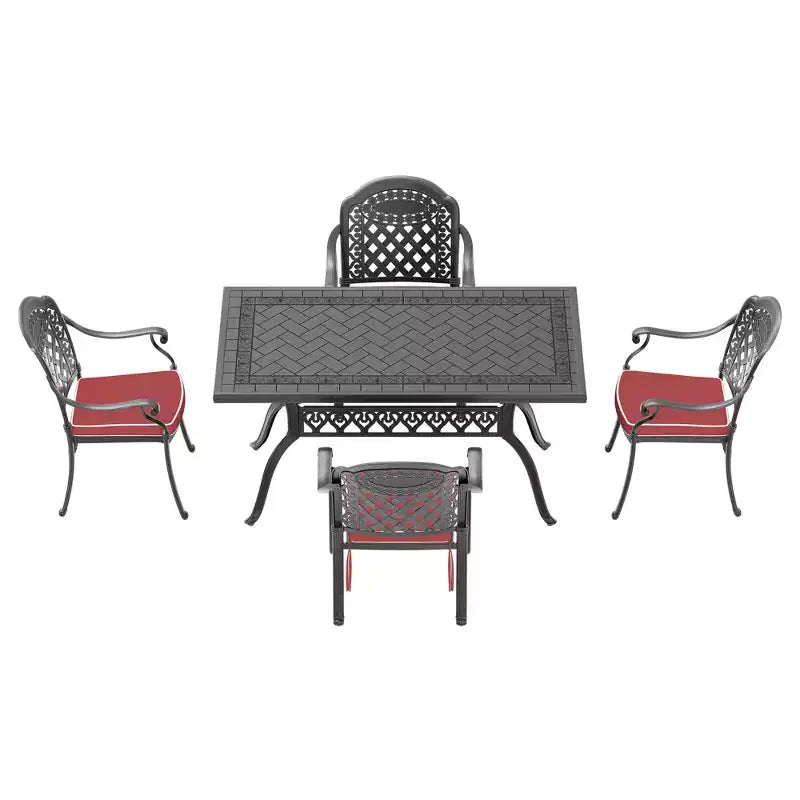 5-Piece Rectangular Cast Aluminum Patio Dining Set for Outdoor Backyard Garden Deck Poolside with Cushions