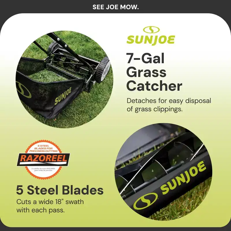 Sun Joe Manual Reel 18 Push Behind Lawn Mower with Grass Catcher, SUJ-MJ501M