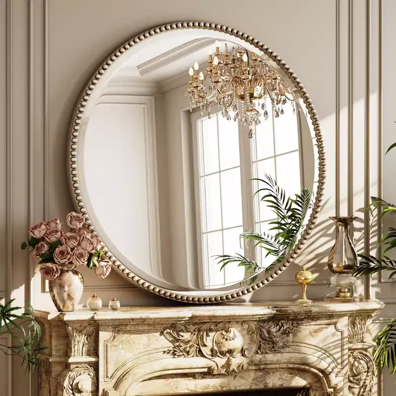 Beaded Round Wall Mirror - Decorative Vanity Bathroom Mirror with Resin Frame
