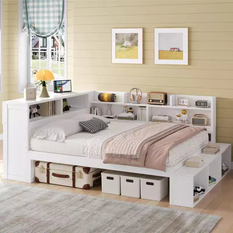 Full Daybed Frame, Solid Wood Daybed with Storage Cabinets and Shoe Cabinet