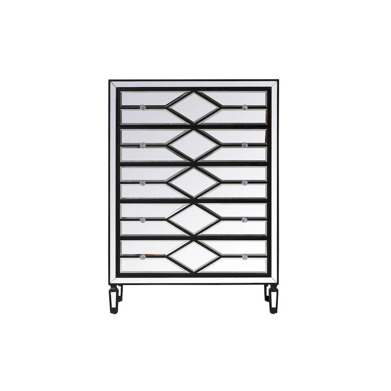 5-Drawer Chest – Antique White / Silver, Beveled Mirror Panels, Crystal Knobs, Hand-Painted Finish