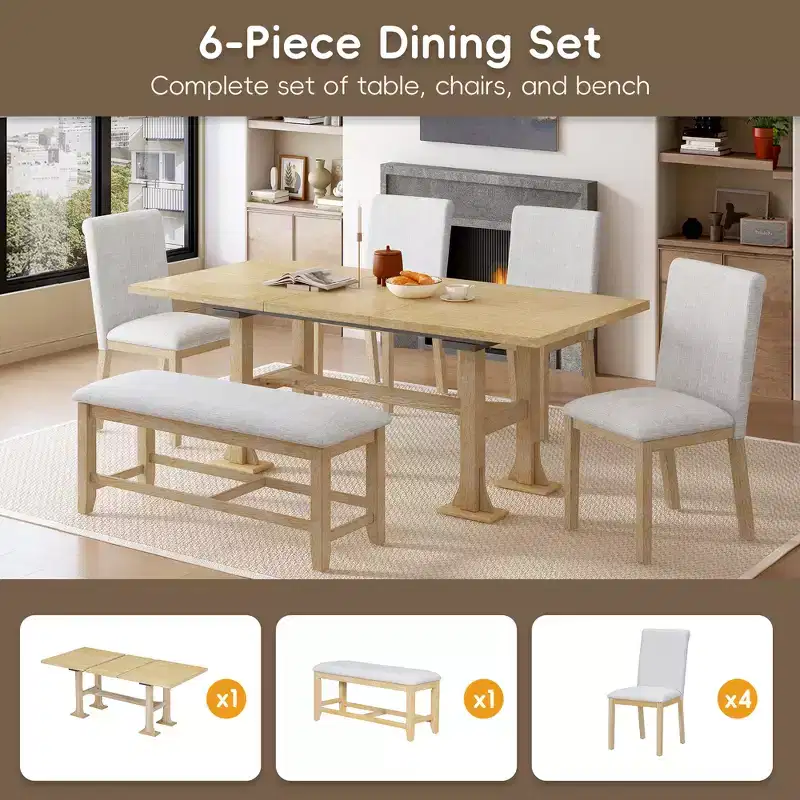 6 Pieces Dining Table Set with Bench for 6, Kitchen Table Set with Storage Drawer and 4 Upholstered Dining Chairs