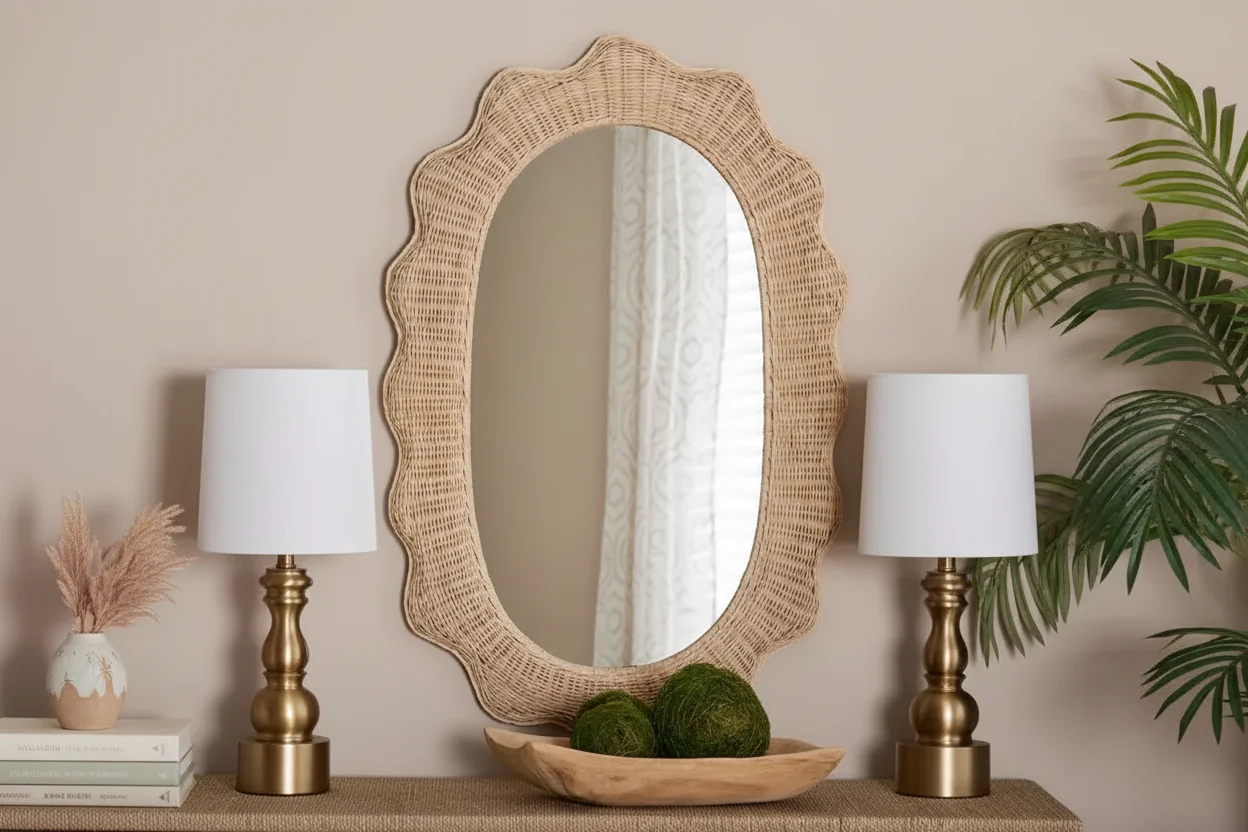 Scalloped Natural Rattan Wall Mirror �C Oval Boho Coastal, 95,3 cm High