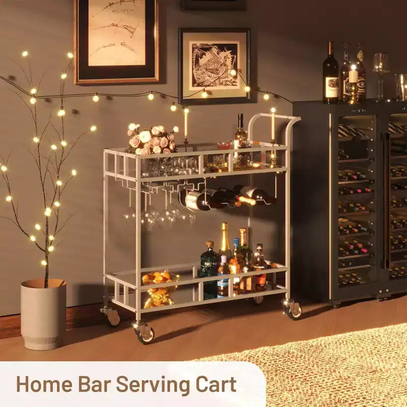 COZONY 2 Tier Bar Cart with Wine Rack and Glass Holder, Mirrored Mobile Serving Cart with Wheels for Kitchen Living Room