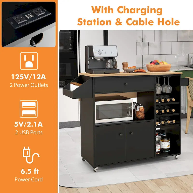 Kitchen Island Cart – White / Brown / Black, Drop-Leaf, Power Outlet, Wine Rack, Microwave Shelf, Casters