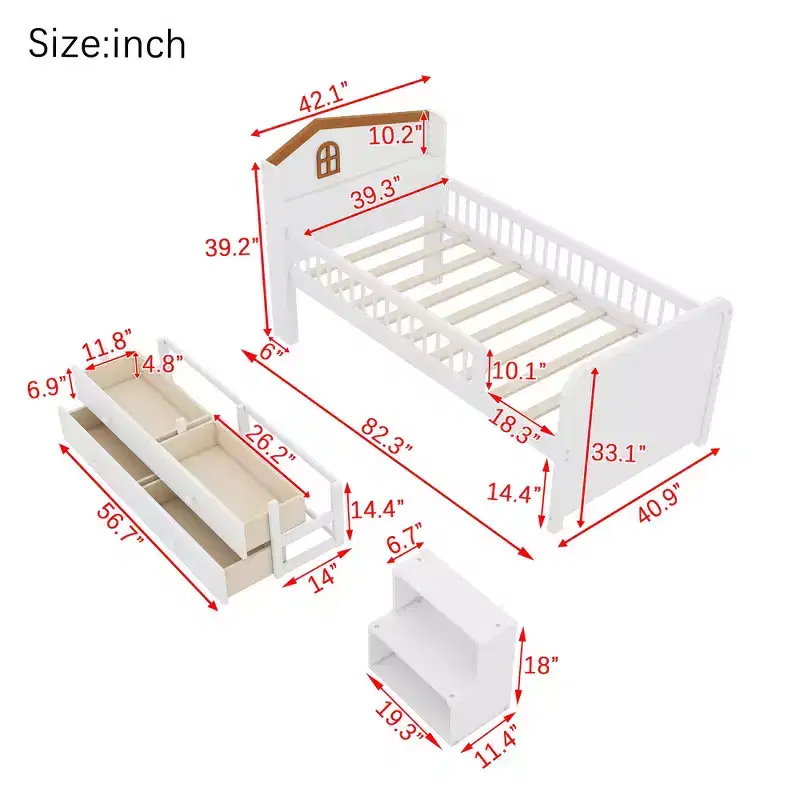 Whisen Low Twin Loft Bed with LED Lights, House Shape Headboard & Storage Drawers, Solid Construction