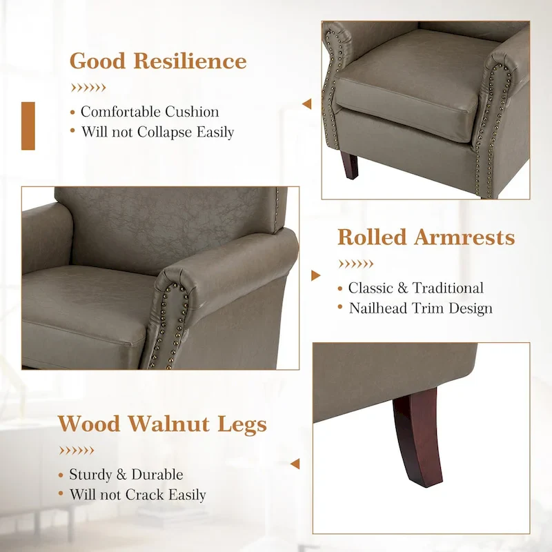 Transitional Leather Armchair with Nailhead Trim Rolled Arms