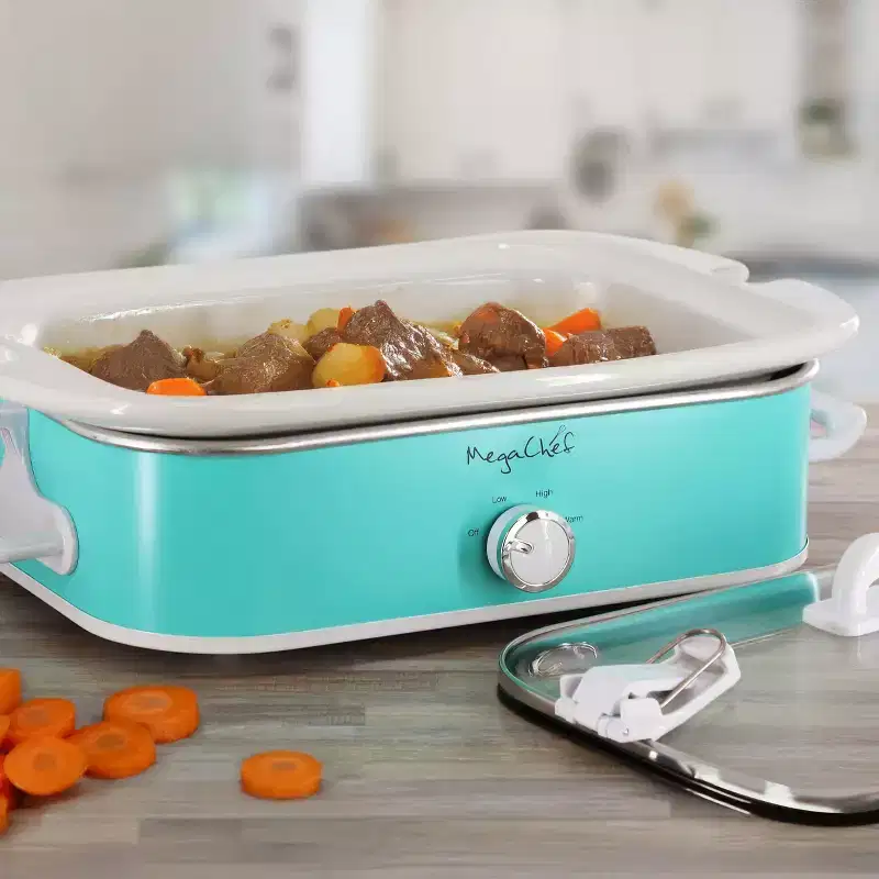 MegaChef 3.5 Quart Casserole Slow Cooker with 3 Temperature Settings: Turquoise Stoneware, Dishwasher-Safe, Locking Lid
