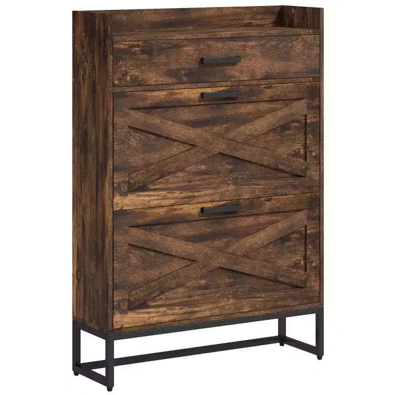 Slim Industrial Shoe Cabinet - 2 Flip Drawers, Adjustable Shelves, Holds 12 Pairs
