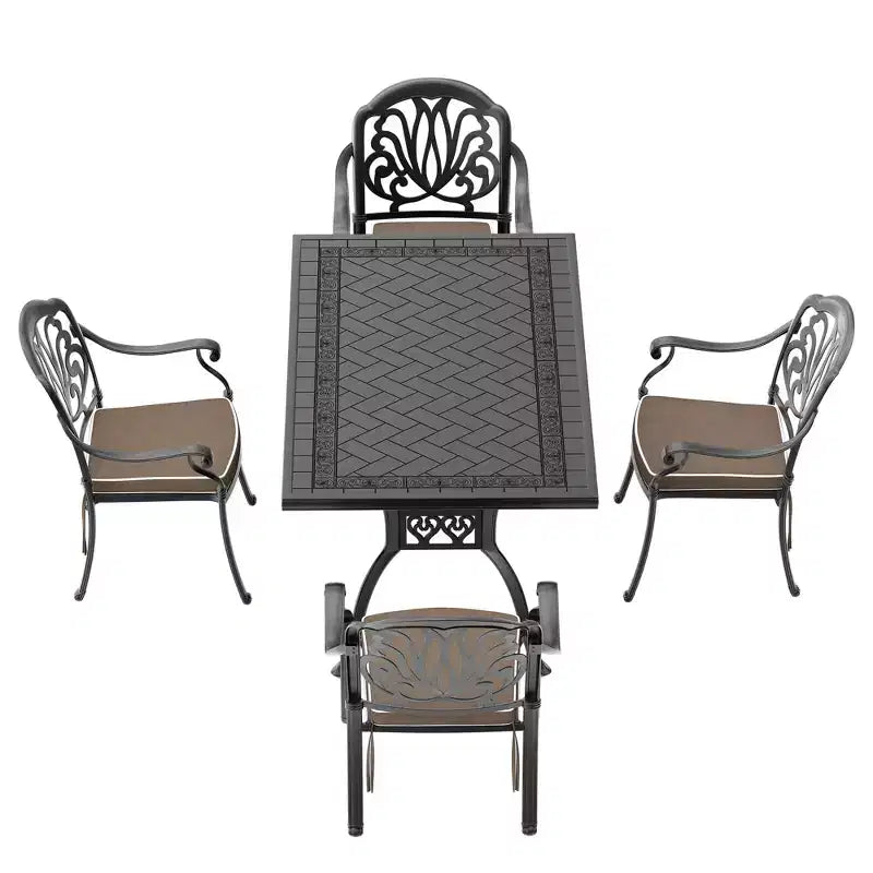 5-Piece Rectangular Cast Aluminum Patio Dining Set for Outdoor Backyard Garden Deck Poolside with Cushions