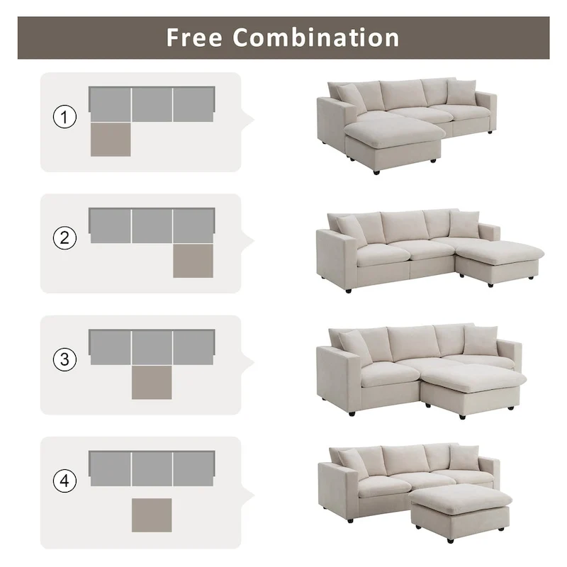 White L-Shaped Sectional Sofa with Ottoman, Seats 5