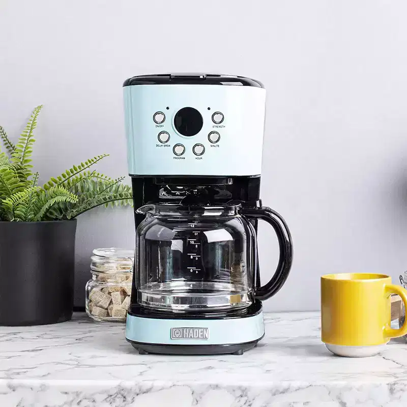 Haden Coffee Machine, 12 Cup Drip Coffee Maker Bundled with Heritage 1.7 Liter Stainless Steel Electric Kettle, Turquoise & Chrome