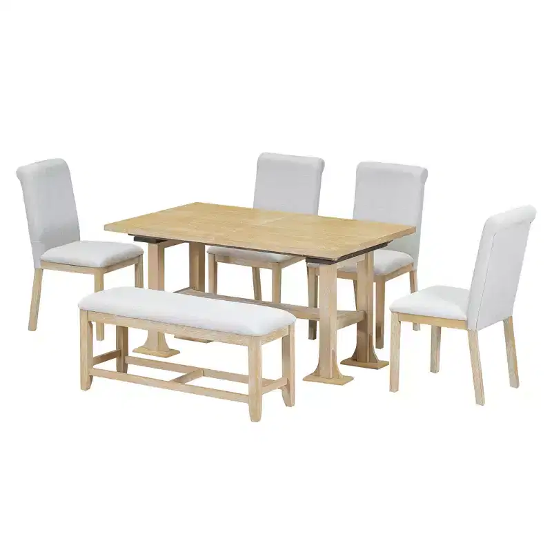 6 Pieces Dining Table Set with Bench for 6, Kitchen Table Set with Storage Drawer and 4 Upholstered Dining Chairs