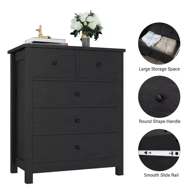 5-Drawer Fluted Dresser with Gold Metal Handles and Legs