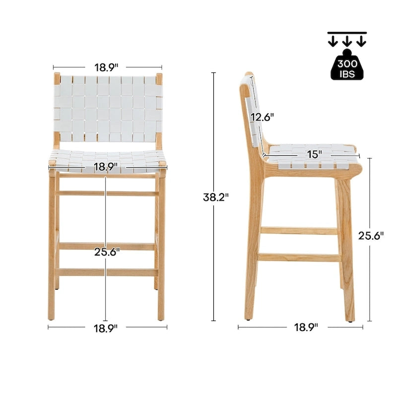 Woven Leather Counter Height Bar Stool, Ash Wood Frame, No Assembly