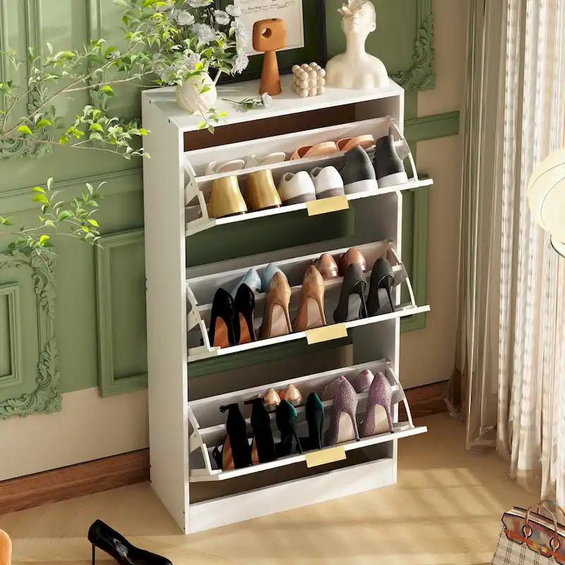 Shoe Cabinet with 3 Mirrored Flip Drawers, Free Standing Slim