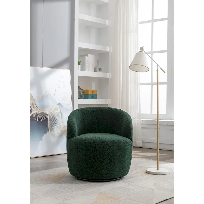 Green Chenille Swivel Barrel Chair with Metal Ring Base