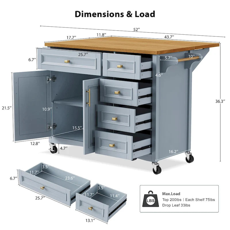 White Drop Leaf Kitchen Island Cart for 1–2 Person, No Stool