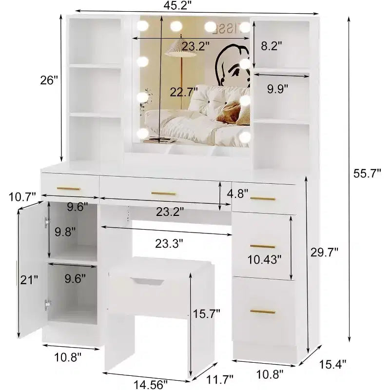 Vanity Desk with LED Mirror, 5 Drawers and 6 Open Shelves, Adjustable Lighting, Dressing Table