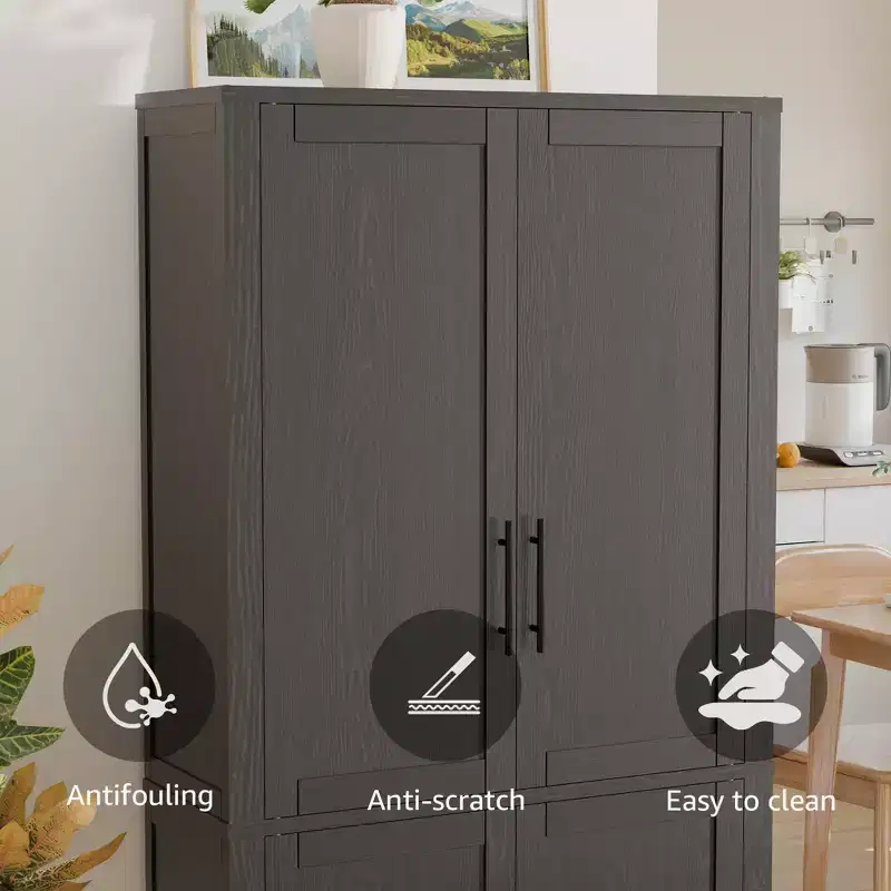 PexFix Kitchen Pantry Cabinet Freestanding Food Storage Cabinet with 4 Doors & Adjustable Shelves Floor Utility Storage Organizer
