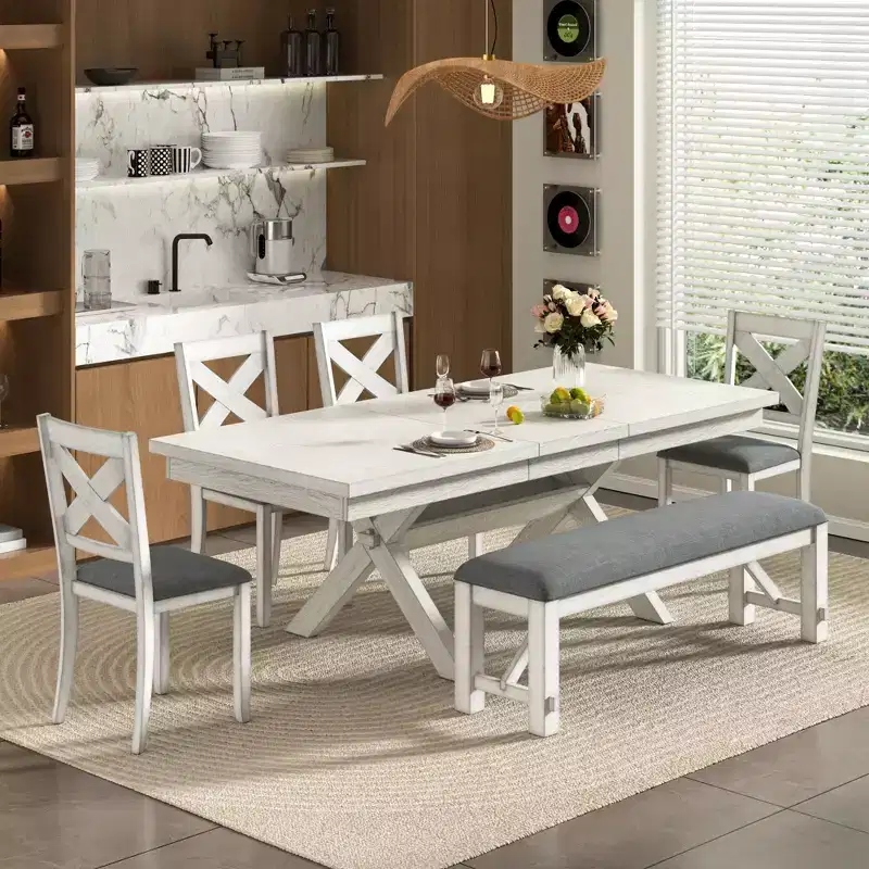 VECELO Rustic 6-Piece Extendable Dining Table Set, Rubber Wood Table with 4 Armless Upholstered Dining Chairs and Bench for Kitchen, Gray
