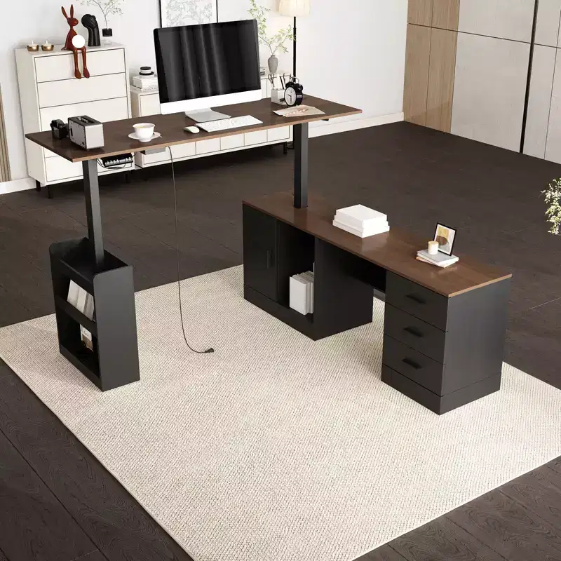 Height-Adjustable Computer Desk Office Desk Standing Desk: L-Shaped Spacious Desktop, Storage Cabinets